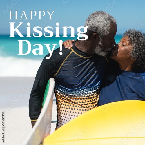 Composite of african american mature couple with surfboards kissing at beach and happy kissing day