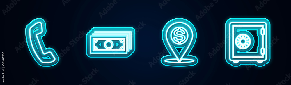 Set line Telephone handset, Stacks paper money cash, Cash location pin and Safe. Glowing neon icon. Vector Set line Telephone handset, Stacks paper money cash, Cash location pin and Safe. Glowing neon icon. Vector