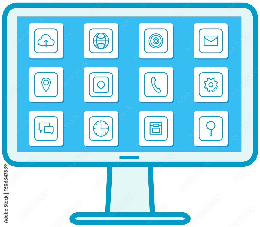 Arrangement of program shortcuts on display. Computer home screen, desktop interface with icons. Installed programs of modern device, digital technology design. Operating system and PC applications Arrangement of program shortcuts on display. Computer home screen, desktop interface with icons. Installed programs of modern device, digital technology design. Operating system and PC applications