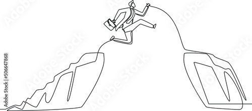 Continuous one line drawing Businessman jumping between cliff to achieve business targets. Risk management. Single line draw design vector graphic illustration.