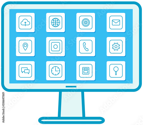 Arrangement of program shortcuts on display. Computer home screen, desktop interface with icons. Installed programs of modern device, digital technology design. Operating system and PC applications