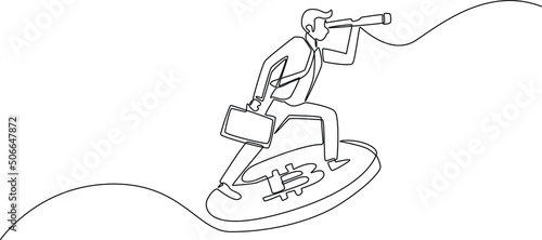 Continuous one line Businessman using telescope on bitcoin flying to see opportunity business. Single line draw design vector graphic illustration.