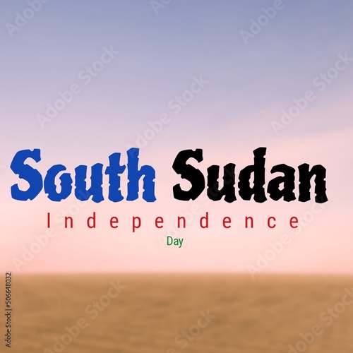Composite image of south sudan independence day text and land against clear blue sky, copy space