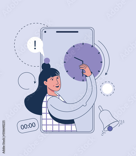 Woman turns the hand of the clock. Time set, timing, alarm, self organization, day planning, time management concept.