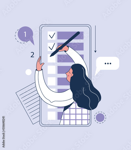 Woman with check list and pen. Check list, list with checkboxes. Woman marks completed tasks. Concept of successful completion of tasks, effective daily planning and time management. Online service