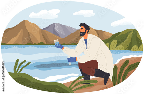 Man exploring nature, analyzing river water. Researcher takes samples of biomaterial. Environmental and ecology research. Scientist conducts ecological experiment. Explorers work with water in lake