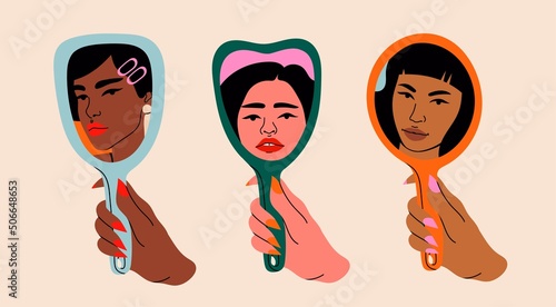 Woman's hand holding mirror reflexing her beautiful face. Lady staring at herself in mirror reflection. Hand drawn isolated Vector illustrations. Cartoon flat style. Self love, acceptance concept