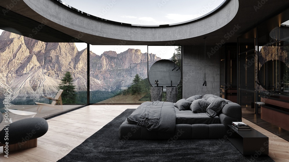 Modern loft bedroom design with large skylight cozy soft bed