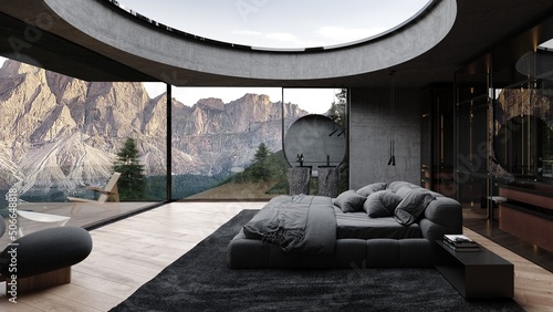 Modern loft bedroom design with large skylight, cozy soft bed, carpet, wooden floor, concrete walls and view to dolomiti mountains 3d rendering	
