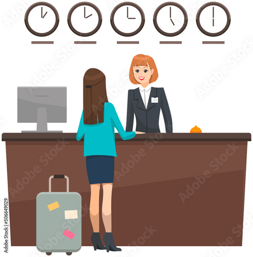 People traveling and staying at hotel with luggage. Happy holiday vacation, recreation concept. Tourist at reception counter. Set of hotel daily routine scenes. Facility staff services visitors, helps
