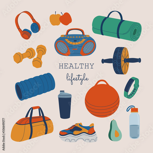 Fitness and yoga equipment, sport accessories. Sport bag, fitness ball, foam roller, yoga mat, gym wheel, shaker, dumbbell, fitness tracker, footwear. Hand drawn vector illustration. Flat style.