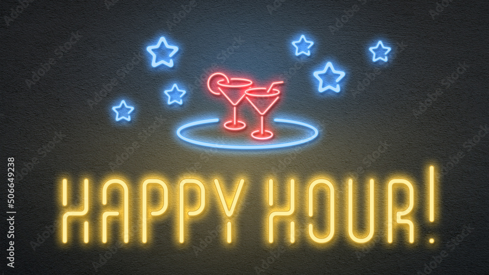 neon sign with message HAPPY HOUR on a dark wall - obrazy, fototapety, plakaty 