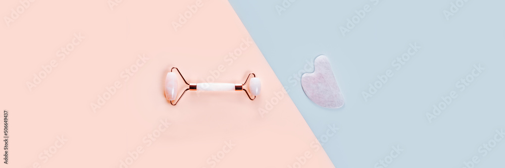 Roller massager and gua sha for face massage on multicolored background. Smoothing wrinkles. Rejuvenation of the face. Banner.