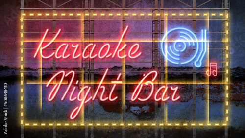 neon sign with message KARAOKE NIGHT BAR on a dark wall
