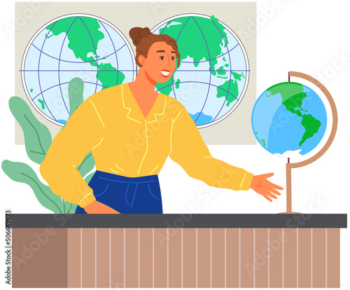 Teacher during geography lesson vector illustration. Woman talking about planet with globe and map. Education, geography, studying concept. Girl teaches to work in navigation and orientation