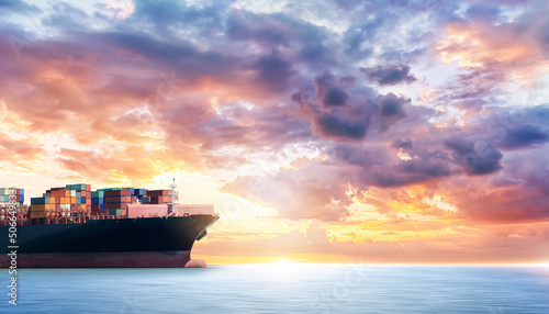 Container cargo ship in the ocean at sunset sky, Global business logistics import export background, Freight transportation, Shipping
