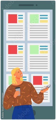 Female character looking for vacant place. Resume and portfolio application for smartphone. Candidate applies for job and writes cv in mobile program. App for job applicant review on phone screen