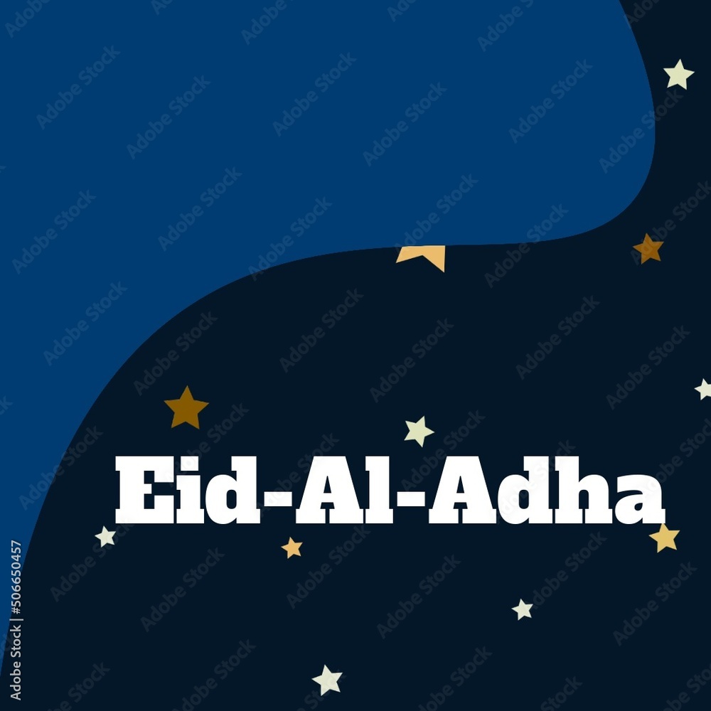 Illustrative image of star shapes with eid-al-adha text over black and blue background, copy space