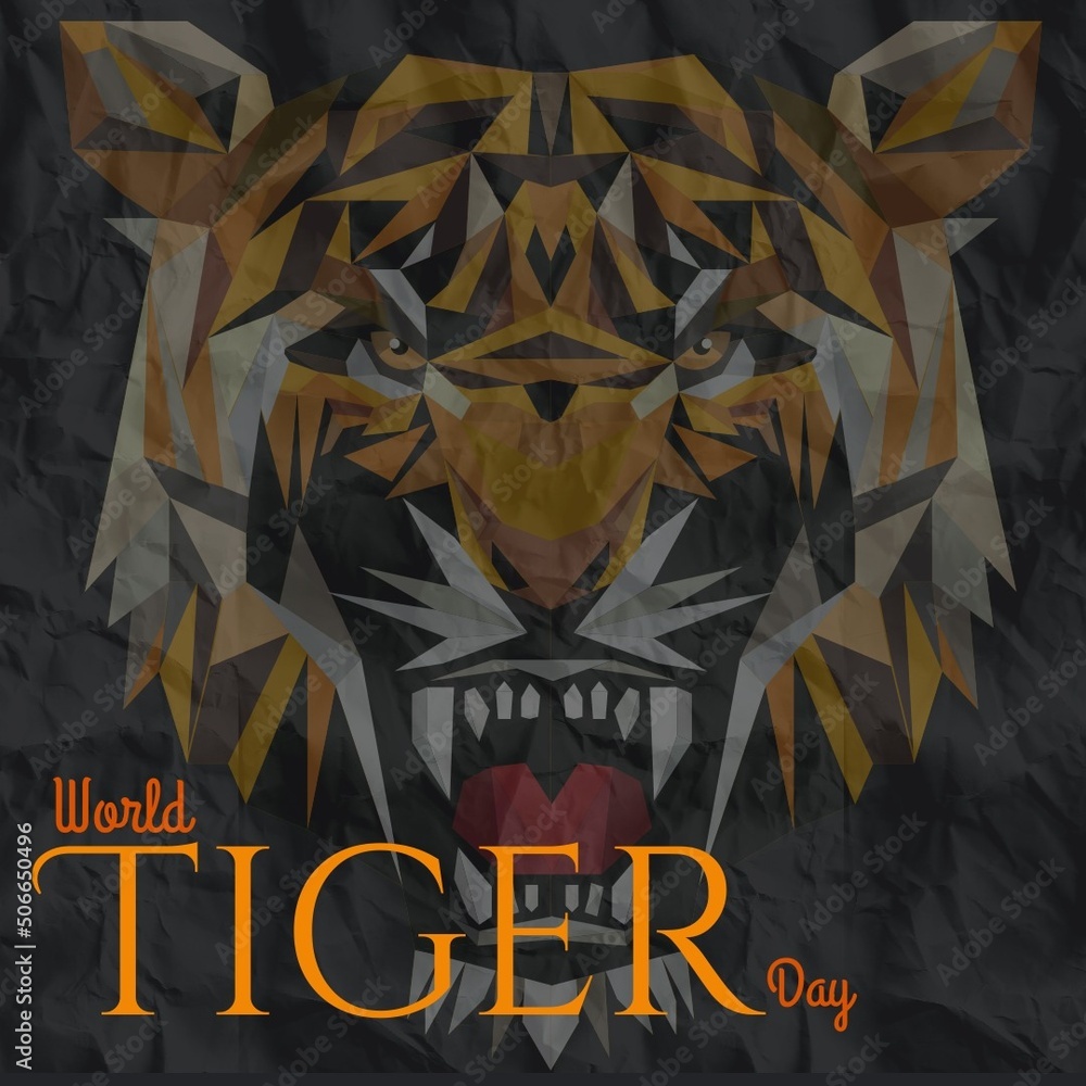 Fototapeta premium Illustrative image of tiger face with world tiger day text against black background, copy space
