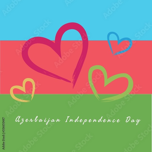 Illustration of azerbaijan independence day text with hearts over national flag, copy space