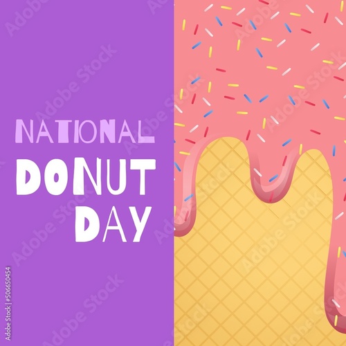 Illustration of ice cream with colorful sprinkles and national donut day text, copy space