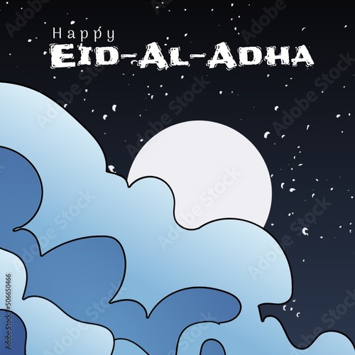 Illustrative image of clouds and moon in starry sky with happy eid-al-adha text, copy space