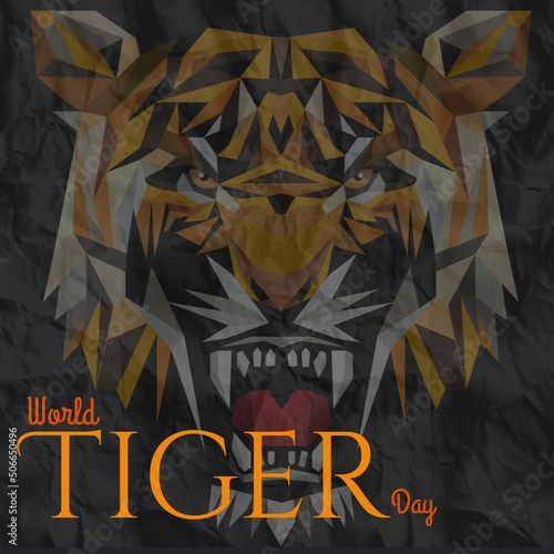 Illustrative image of tiger face with world tiger day text against black background, copy space
