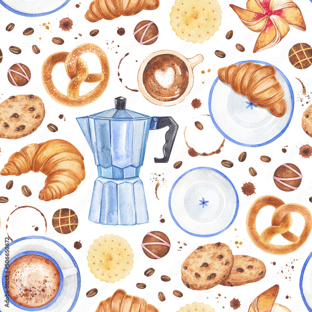 Watercolor seamless pattern with baking and coffee elements on a white background.Hand-painted with croissants, cookies, chocolate, pretzel, strawberry pinwheel, coffee beans. Parisian breakfast. Watercolor seamless pattern with baking and coffee elements on a white background.Hand-painted with croissants, cookies, chocolate, pretzel, strawberry pinwheel, coffee beans. Parisian breakfast.
