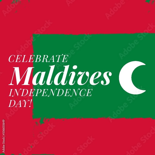 Illustration of celebrate maldives independence day text with flag on red background, copy space