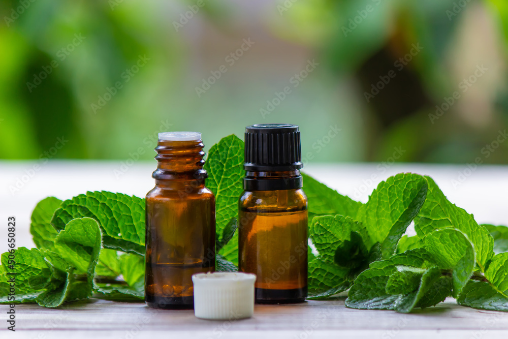 Bottle with essential oil and mint isolated on a light background. Bottle with essential oil and mint isolated on a light background.