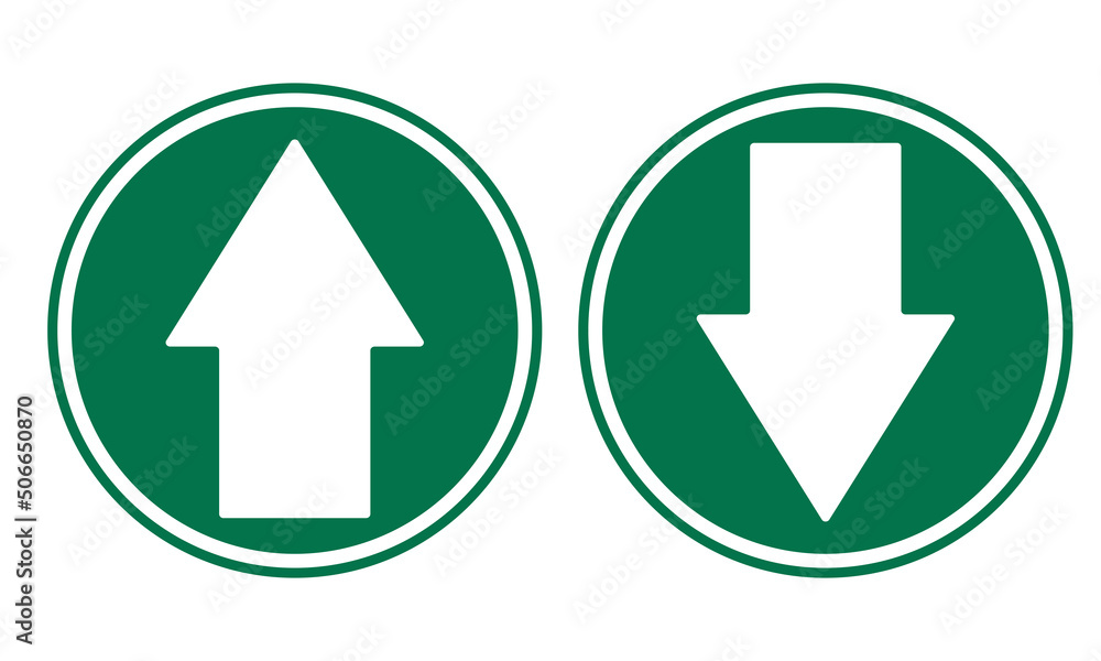 Bundle set of up and down direction white green arrow in round industrial sign, navigation label vector Bundle set of up and down direction white green arrow in round industrial sign, navigation label vector