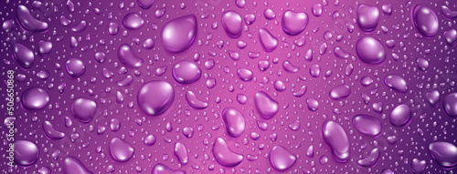 Background of big and small realistic water drops in purple colors