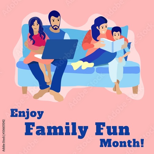 Father with daughter using laptop and mother with son reading book and enjoy family fun month text