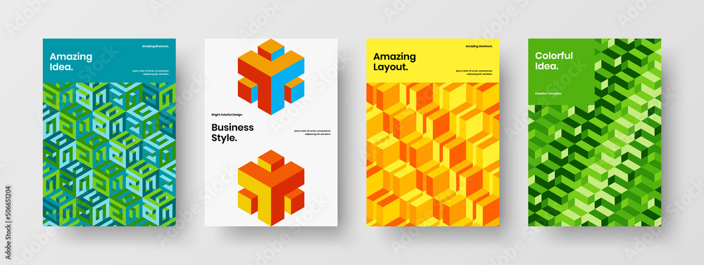 Fototapeta premium Simple geometric tiles book cover template collection. Isolated company brochure A4 design vector concept set.