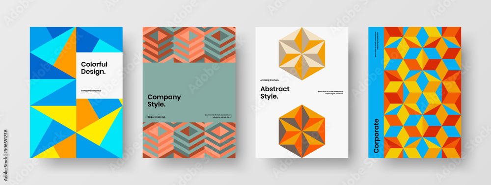 Bright geometric shapes annual report layout bundle. Vivid booklet A4 vector design concept set.
