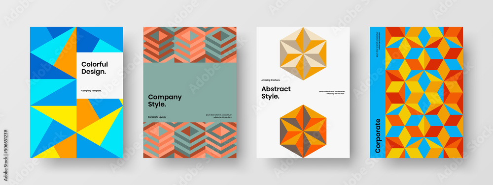 Fototapeta premium Bright geometric shapes annual report layout bundle. Vivid booklet A4 vector design concept set.