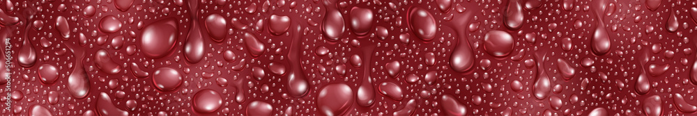 Banner of big and small realistic water drops in red colors, with seamless horizontal repetition Banner of big and small realistic water drops in red colors, with seamless horizontal repetition