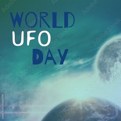 Illustrative image of world ufo day text with planet and asteroid in blue sky, copy space