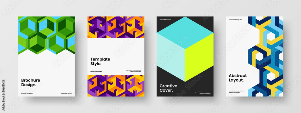 Modern geometric hexagons corporate brochure template bundle. Premium annual report A4 design vector layout composition.