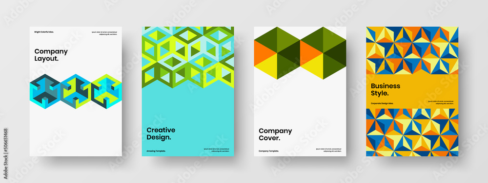 Amazing corporate cover vector design concept set. Trendy mosaic hexagons company identity layout collection.