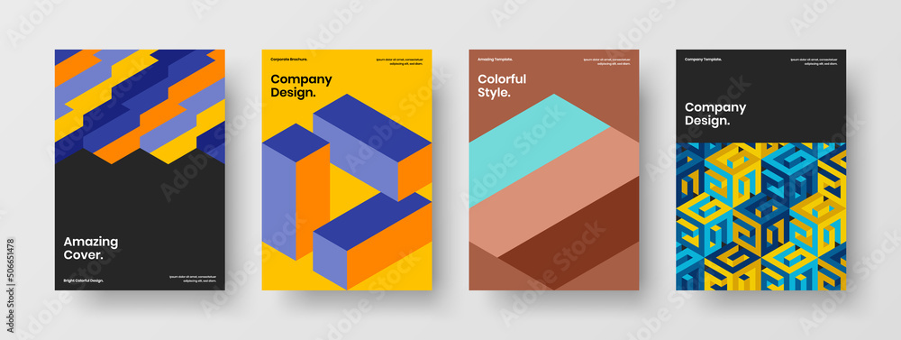 Original company brochure vector design concept set. Modern geometric tiles leaflet template bundle.