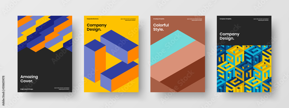 Fototapeta premium Original company brochure vector design concept set. Modern geometric tiles leaflet template bundle.