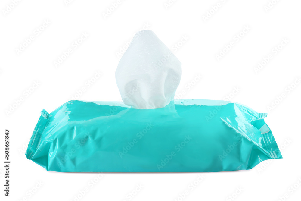 Obraz premium Wet wipes flow pack isolated on white
