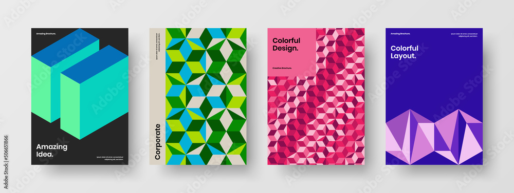 Abstract mosaic hexagons company brochure template collection. Fresh leaflet vector design illustration composition.