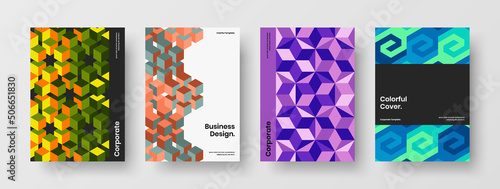 Isolated company brochure design vector layout bundle. Minimalistic geometric tiles corporate identity concept composition.