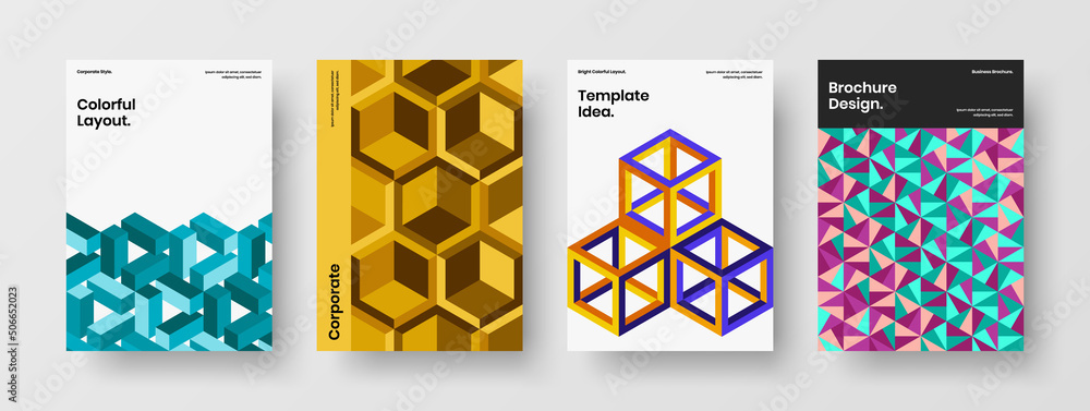 Modern geometric tiles company brochure concept collection. Amazing cover design vector template bundle.