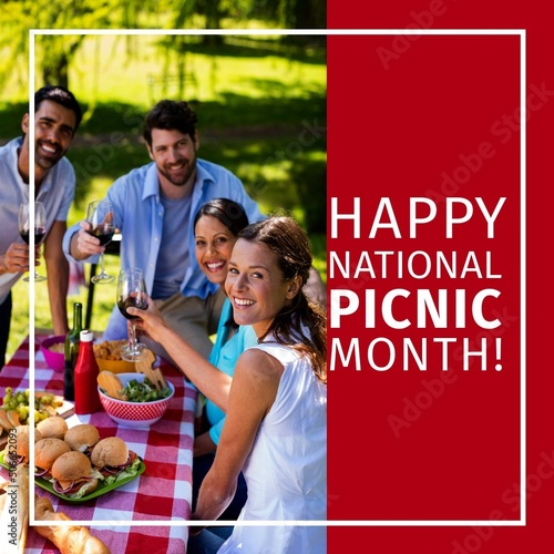 Happy national picnic month text on frame with portrait of smiling multiracial friends at park
