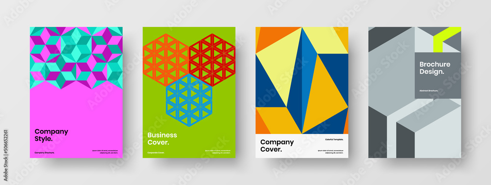 Multicolored geometric tiles catalog cover concept bundle. Premium booklet design vector template set.