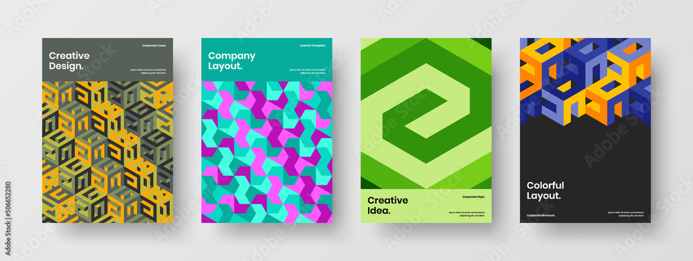 Fototapeta premium Creative magazine cover design vector illustration set. Abstract mosaic tiles front page layout composition.