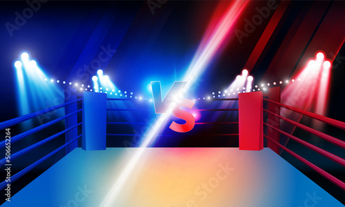Versus Screen For Fight of sport and game, Battle Or Sport. Boxing ring arena and spotlight floodlights VS bright stadium lights Background Concept vector design